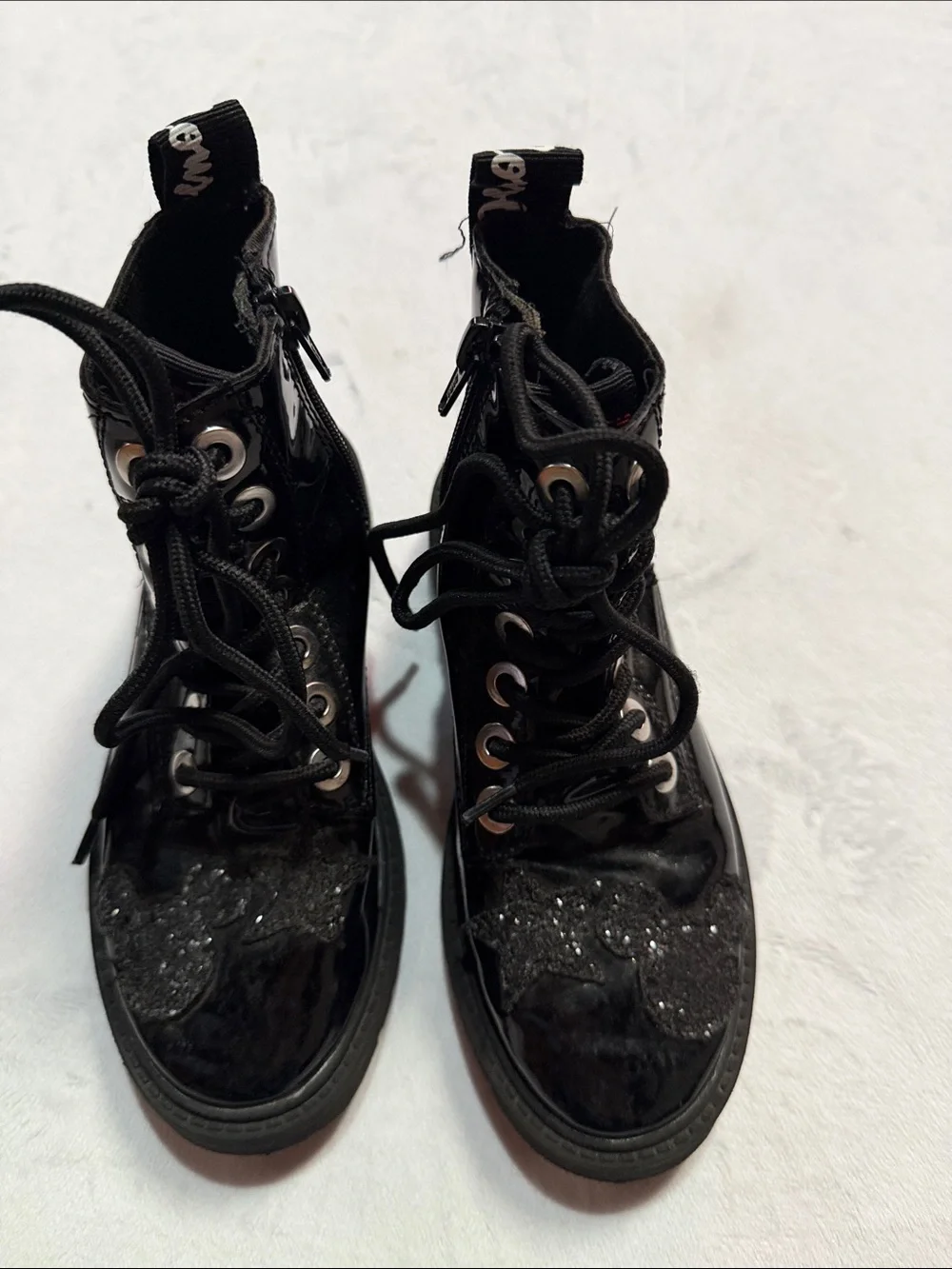 Zara Kids Disney Mickey Mouse Black Patent Combat Boots with Glitter Appliqué